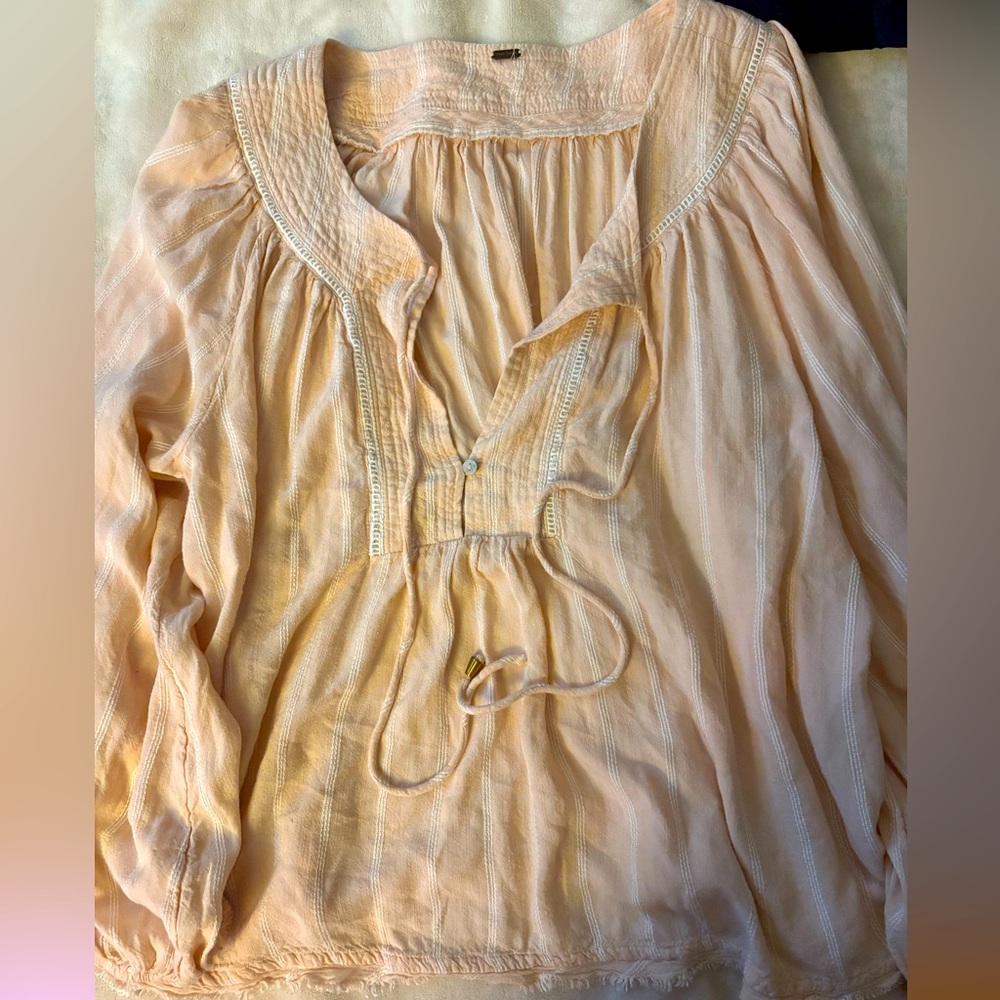 Free People Peasant, Pirate, Milkmaid, Balloon Sleeve,Cropped Top, Size L, pink